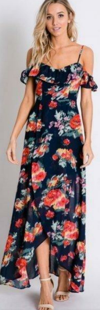Navy Floral Print Ruffle Cold Shoulder Maxi Dress